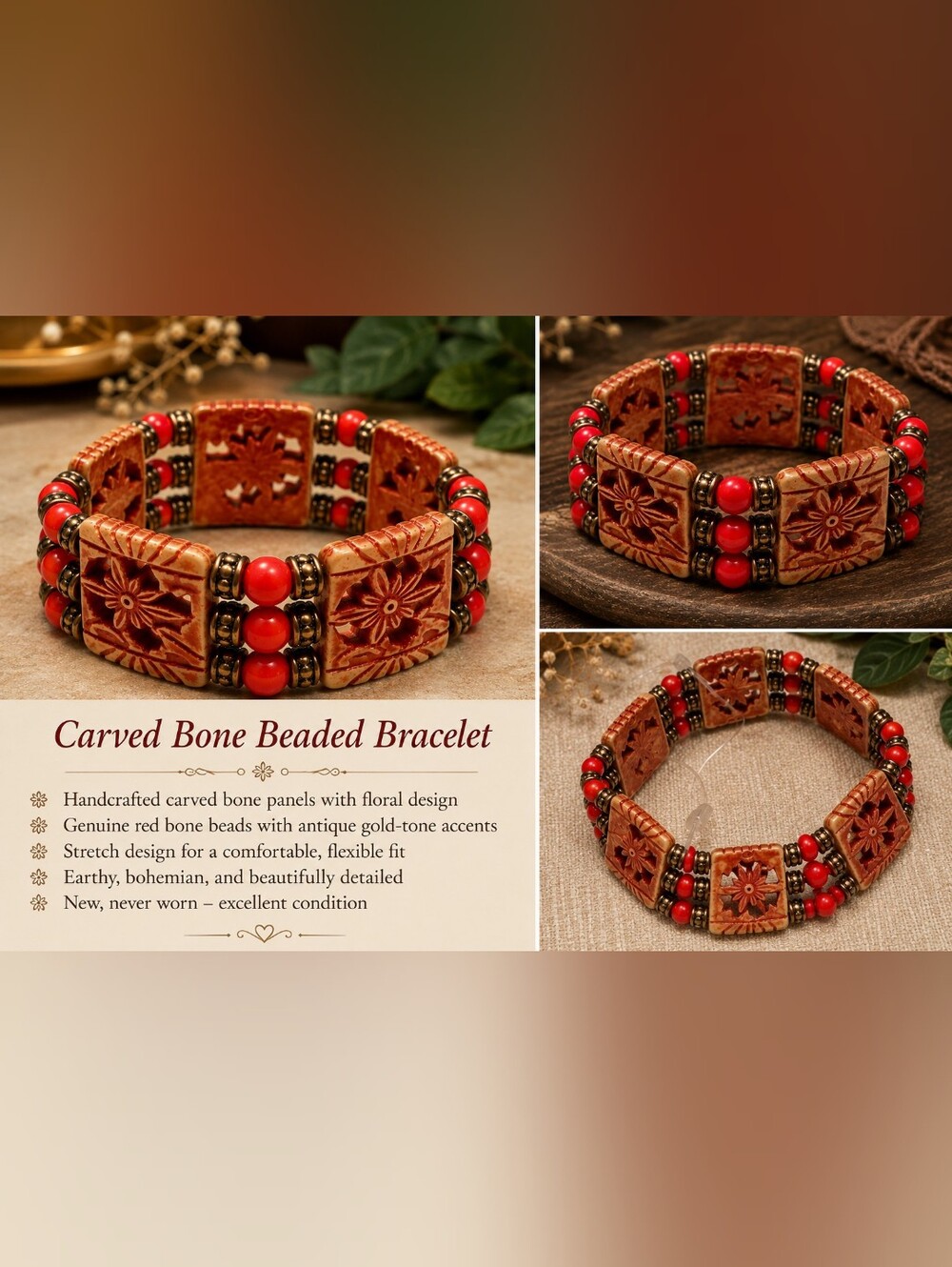 Carved Bone Beaded Bracelet with Red Accents